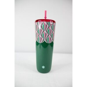 Starbucks Tumbler Cold Cup 24oz Green Pink Holiday Excellent Glitter Geometric